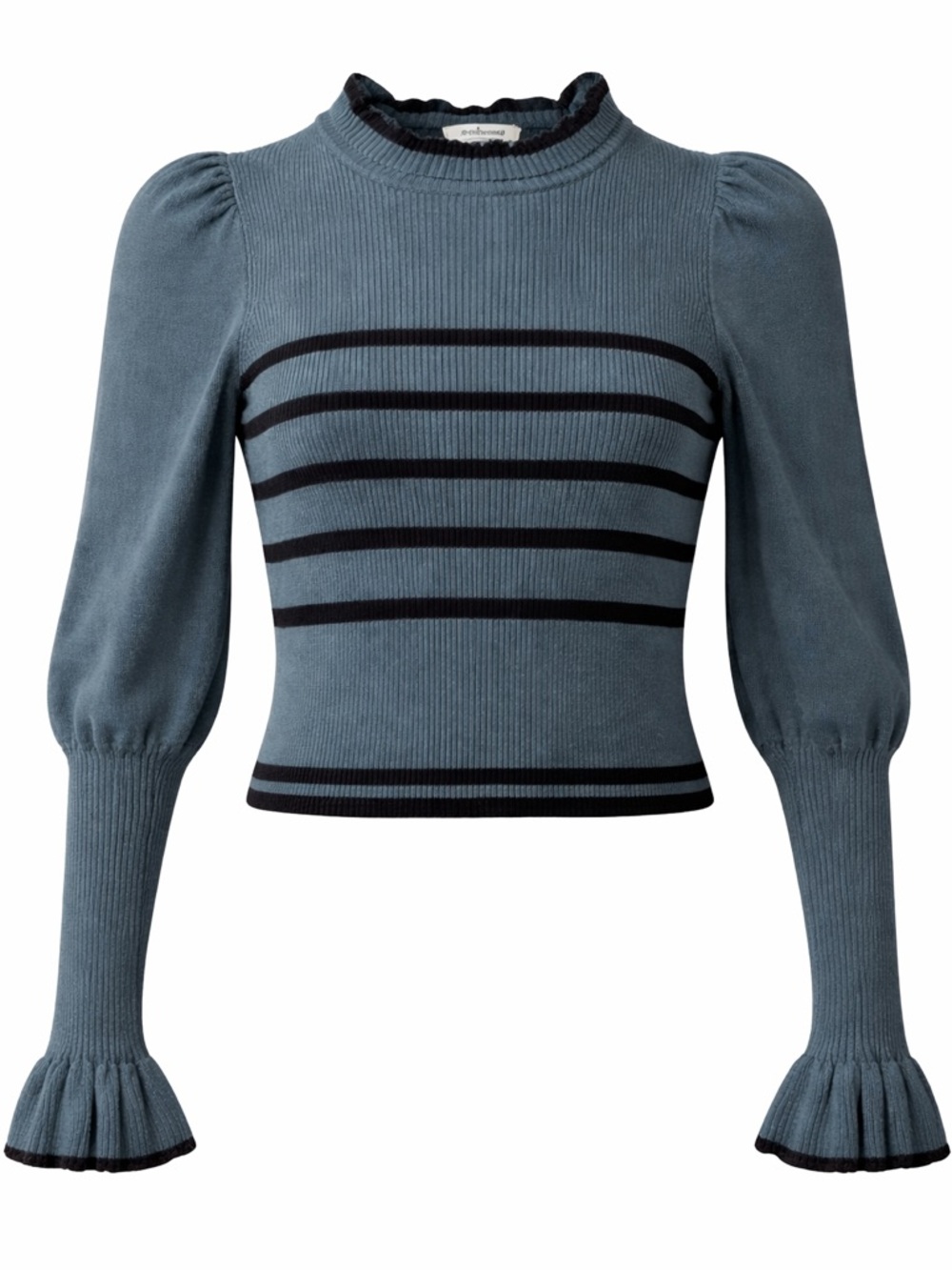 Striped Puff-Sleeve Long Sleeve Knit Top in Slate Blue